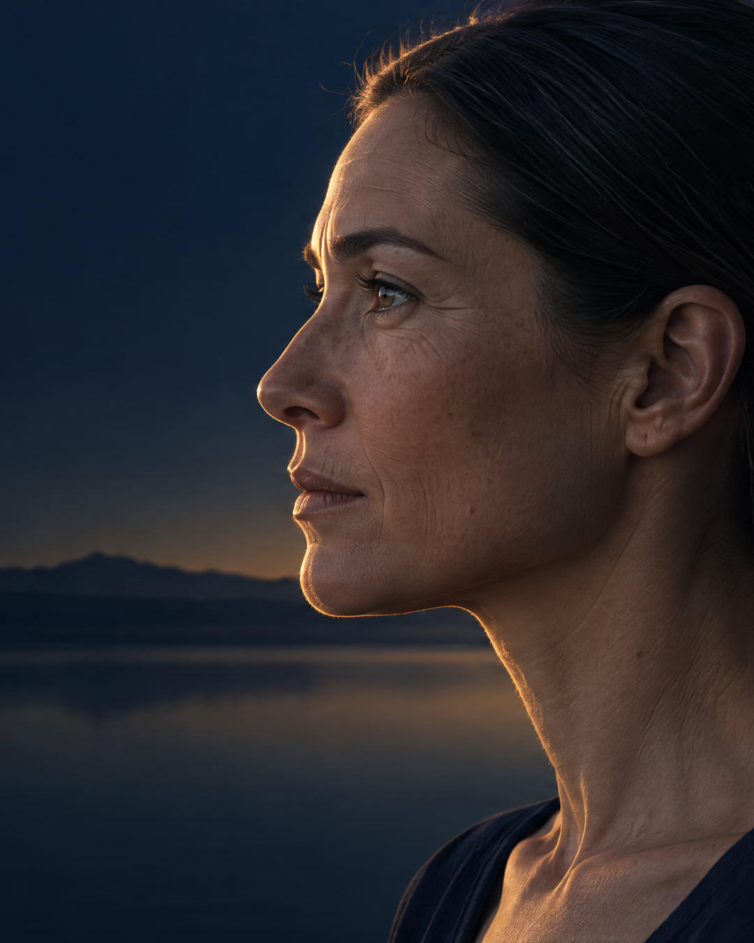 A person seen in profile against a deep navy sky, with warm light low on the horizon behind them.