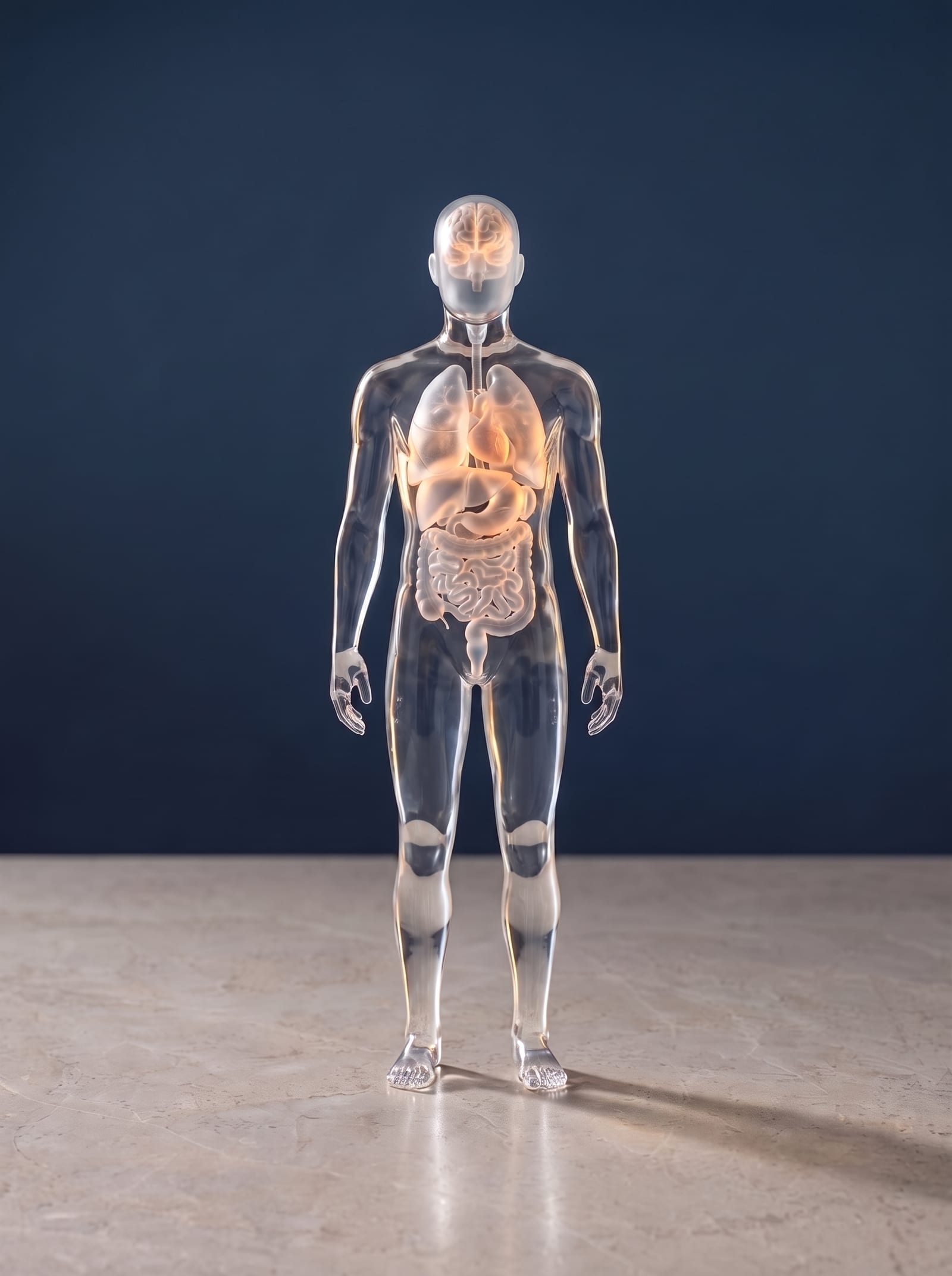 A translucent glass sculpture of a human figure with softly glowing organs.
