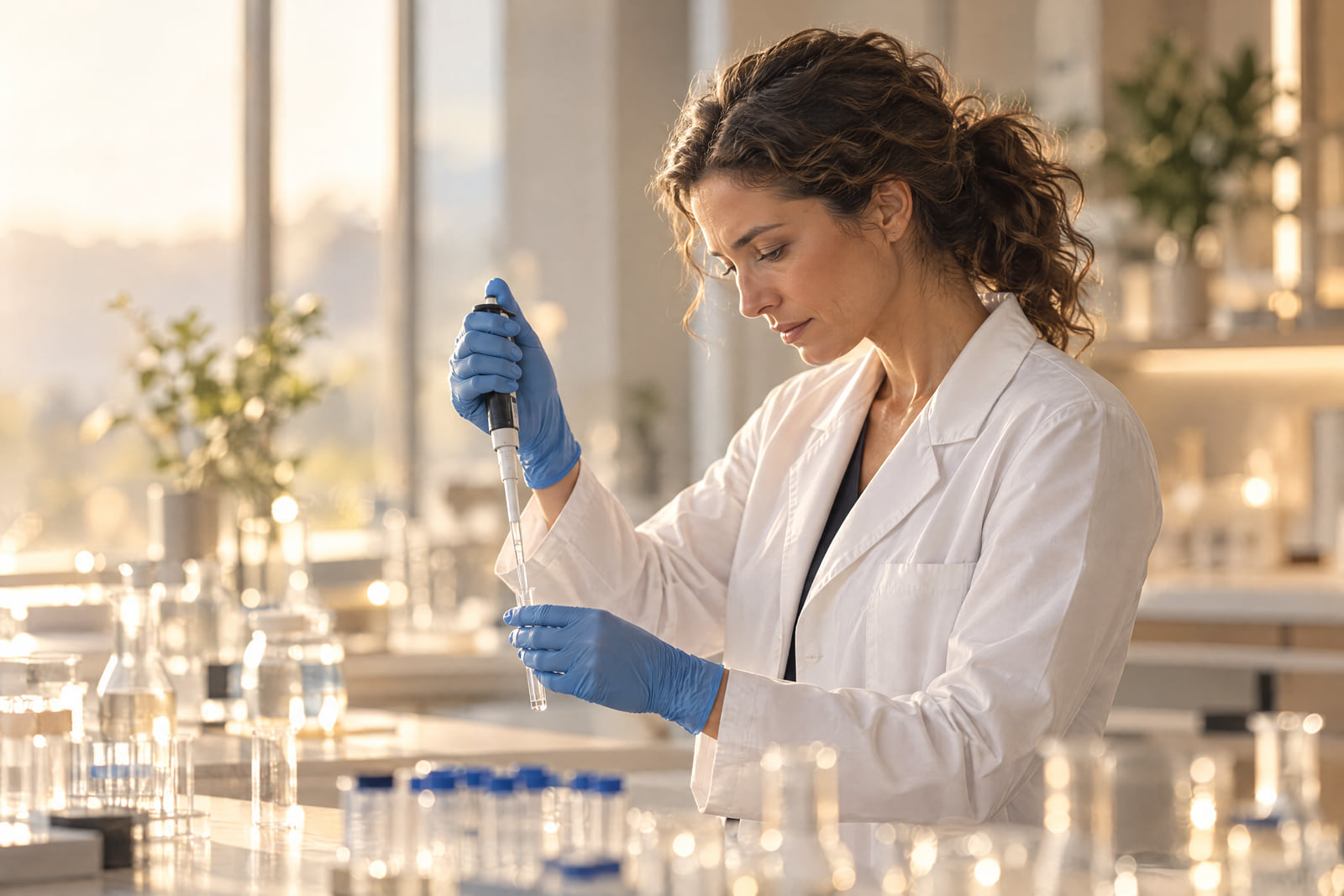 A scientist in a white lab coat and blue gloves pipettes a clear liquid into a small glass tube in a sunlit laboratory, with glass vials glowing in the warm light around her.