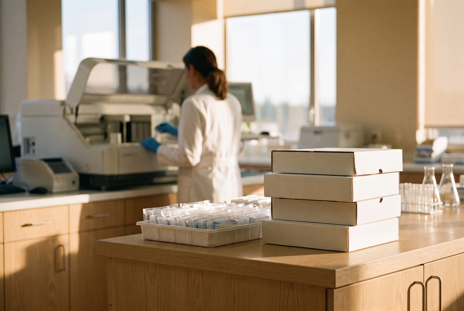 Sealed sample shipment boxes and a tray of test kits on an oak bench in a sunlit diagnostics laboratory.