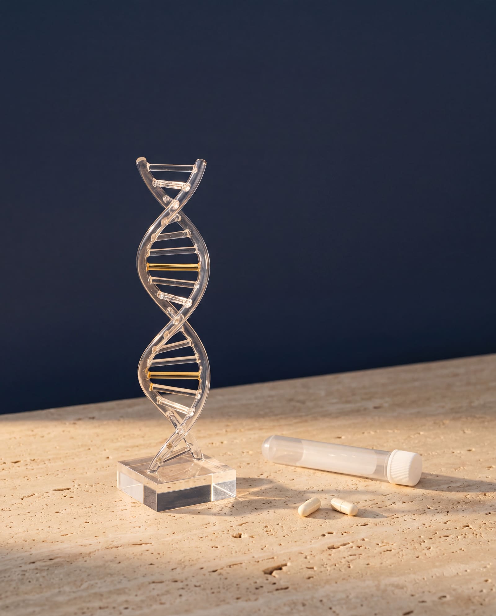 A clear glass DNA double helix with gold rungs, beside an unlabelled saliva tube and two capsules, on travertine.