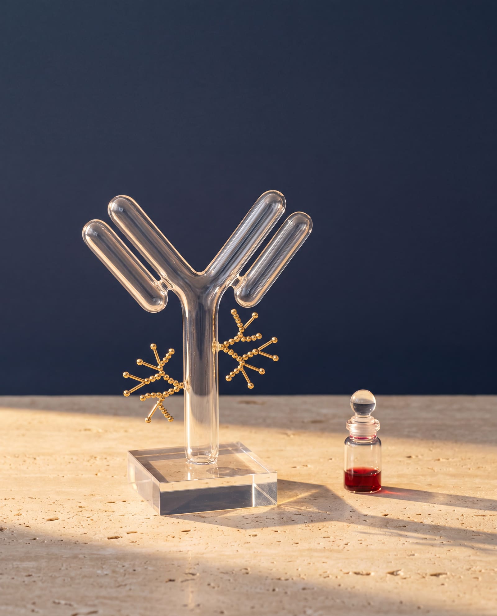 A clear glass Y-shaped antibody sculpture with small gold sugar chains on its stem, beside a small vial of blood, on travertine.