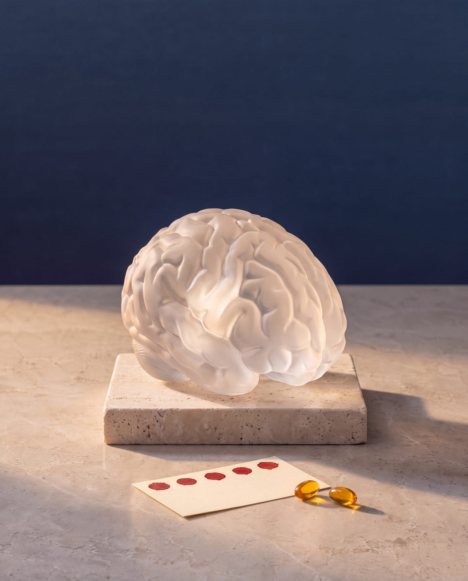 A frosted glass brain sculpture on a travertine block, beside a blood spot card and two amber omega-3 capsules.