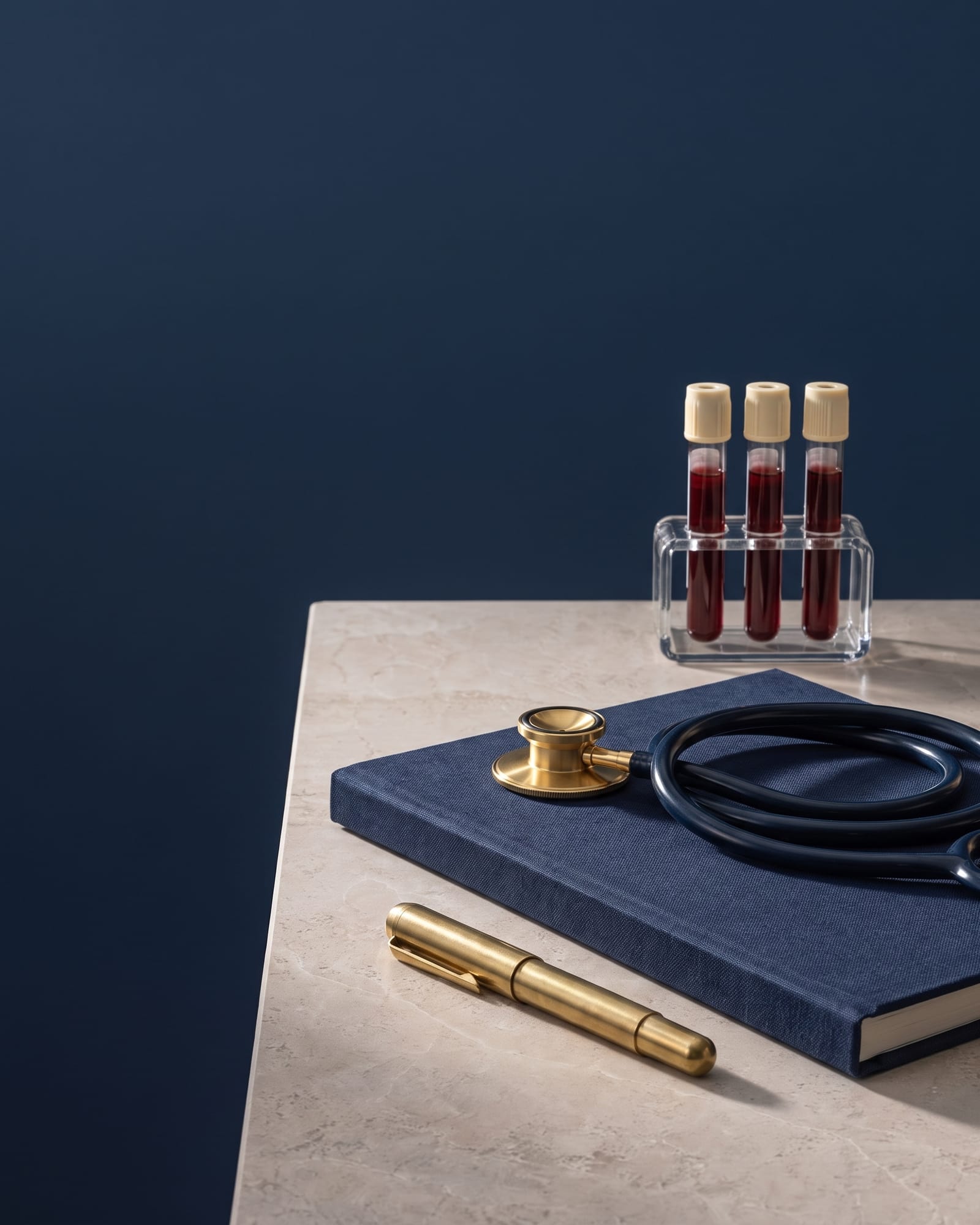 A brass stethoscope resting on a navy report folder beside sealed blood collection tubes in a glass rack, on pale stone against a deep navy wall.