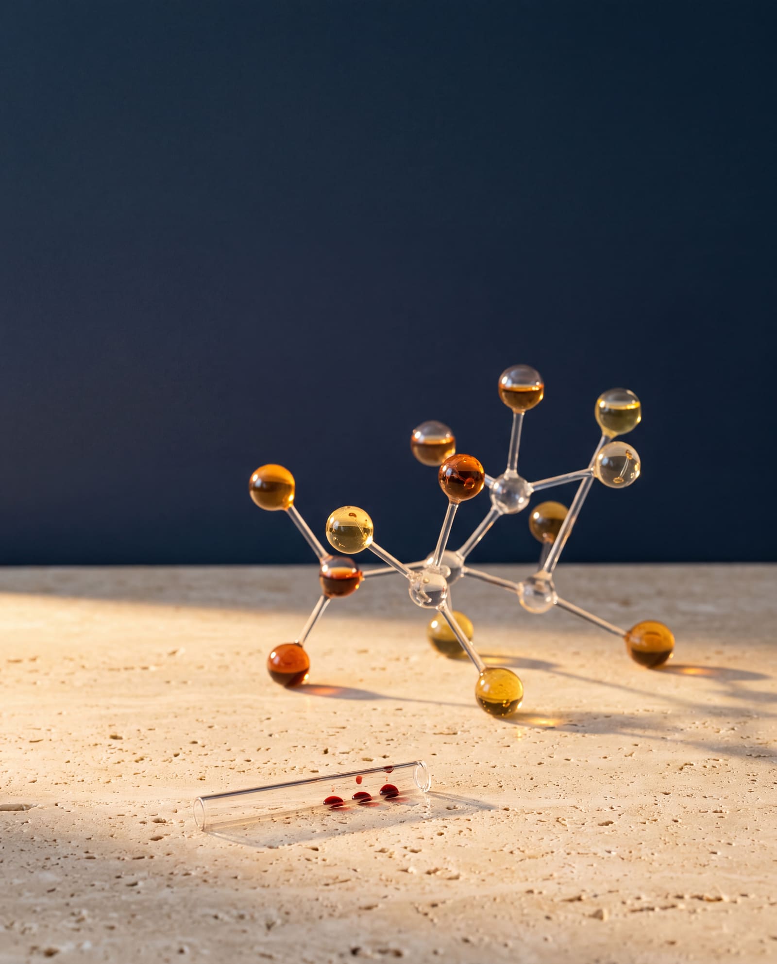 A glass network sculpture with amber-filled nodes beside a small glass capillary tube holding drops of blood, on travertine.