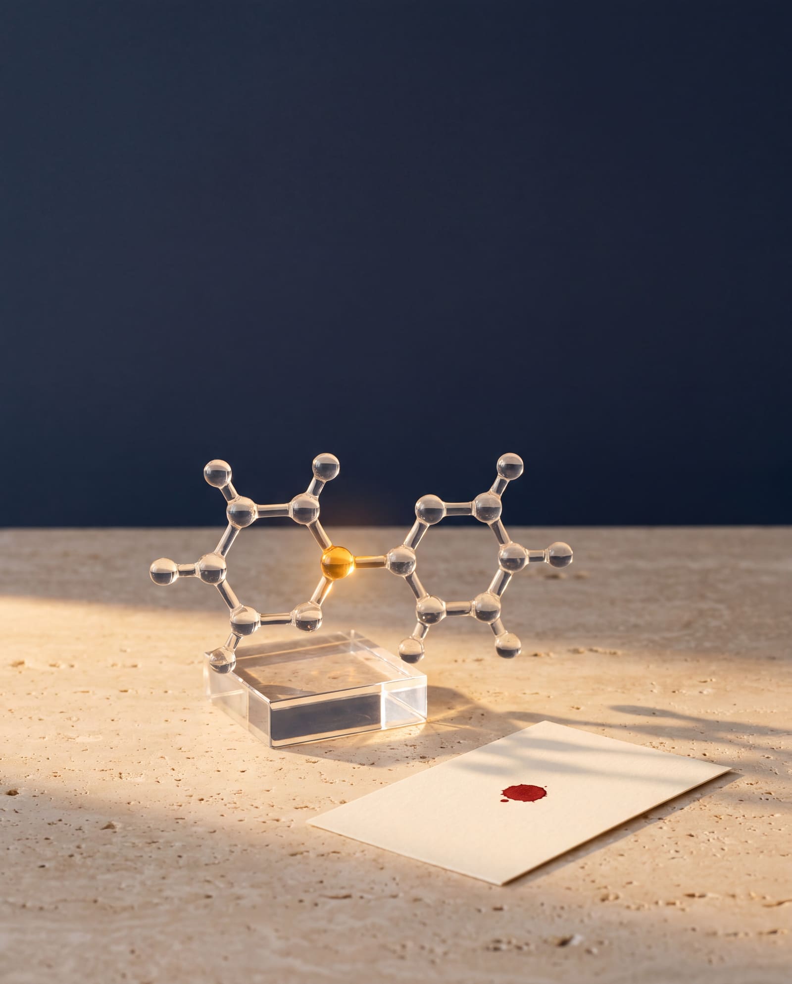 A clear glass model of a coenzyme molecule with one glowing gold sphere, beside a paper card with a single dried blood spot.