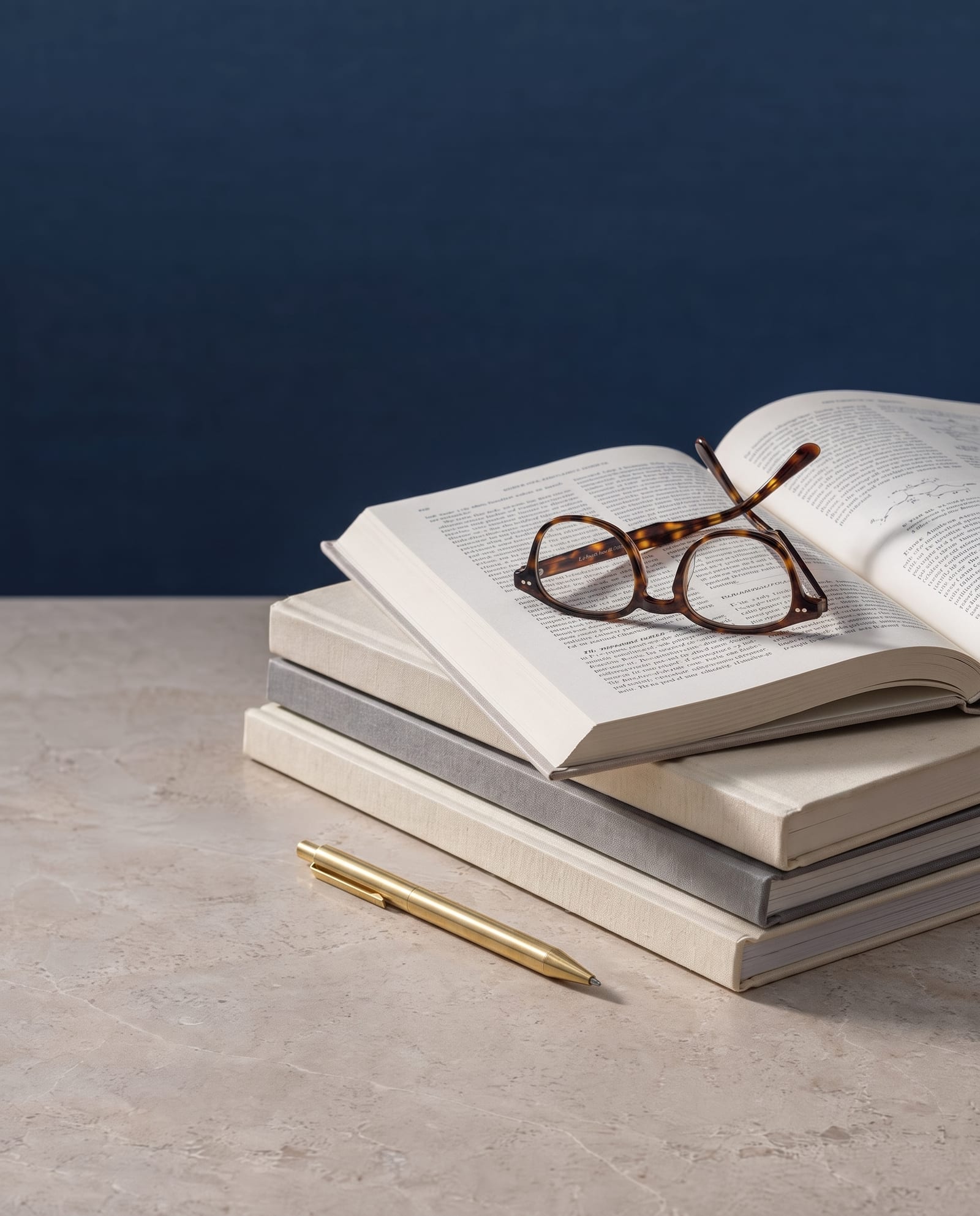 A stack of scientific journals with an open research paper, reading glasses and a brass pen on pale stone.