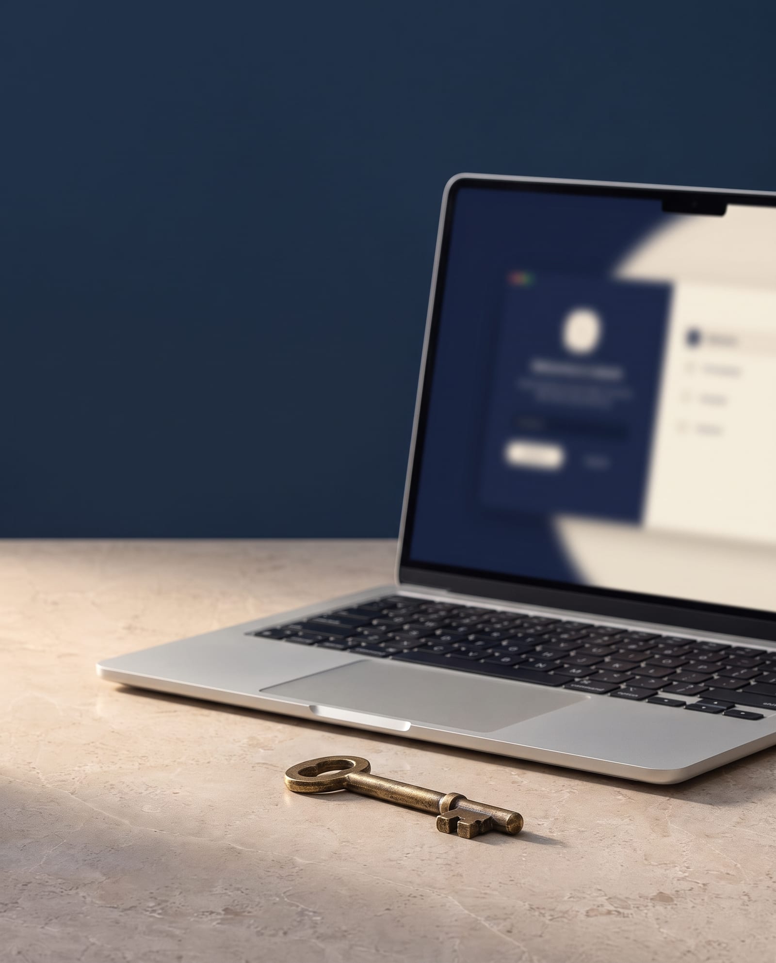 A half-open laptop showing the clinical portal, beside a brass key.