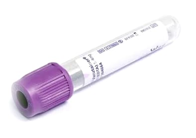 A blood collection tube with a lavender cap and a white label.