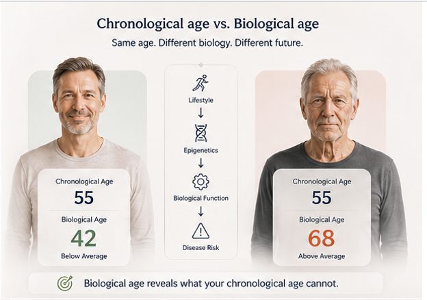 Figure: chronological versus biological age, two 55-year-old men with biological ages of 42 and 68