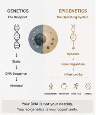 Figure: genetics versus epigenetics, «Your DNA is not your destiny»