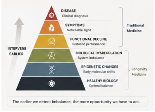 Pyramid from healthy biology to disease: the earlier we detect imbalance, the more opportunity we have to act
