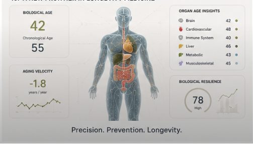 Illustration of a biological age dashboard with organ age insights