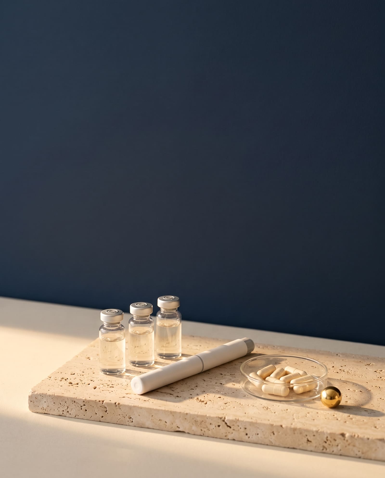 Unlabelled glass vials of pale liquid, a plain white auto-injector pen and a glass dish of cream capsules with one gold sphere, on a travertine slab against a deep navy wall.