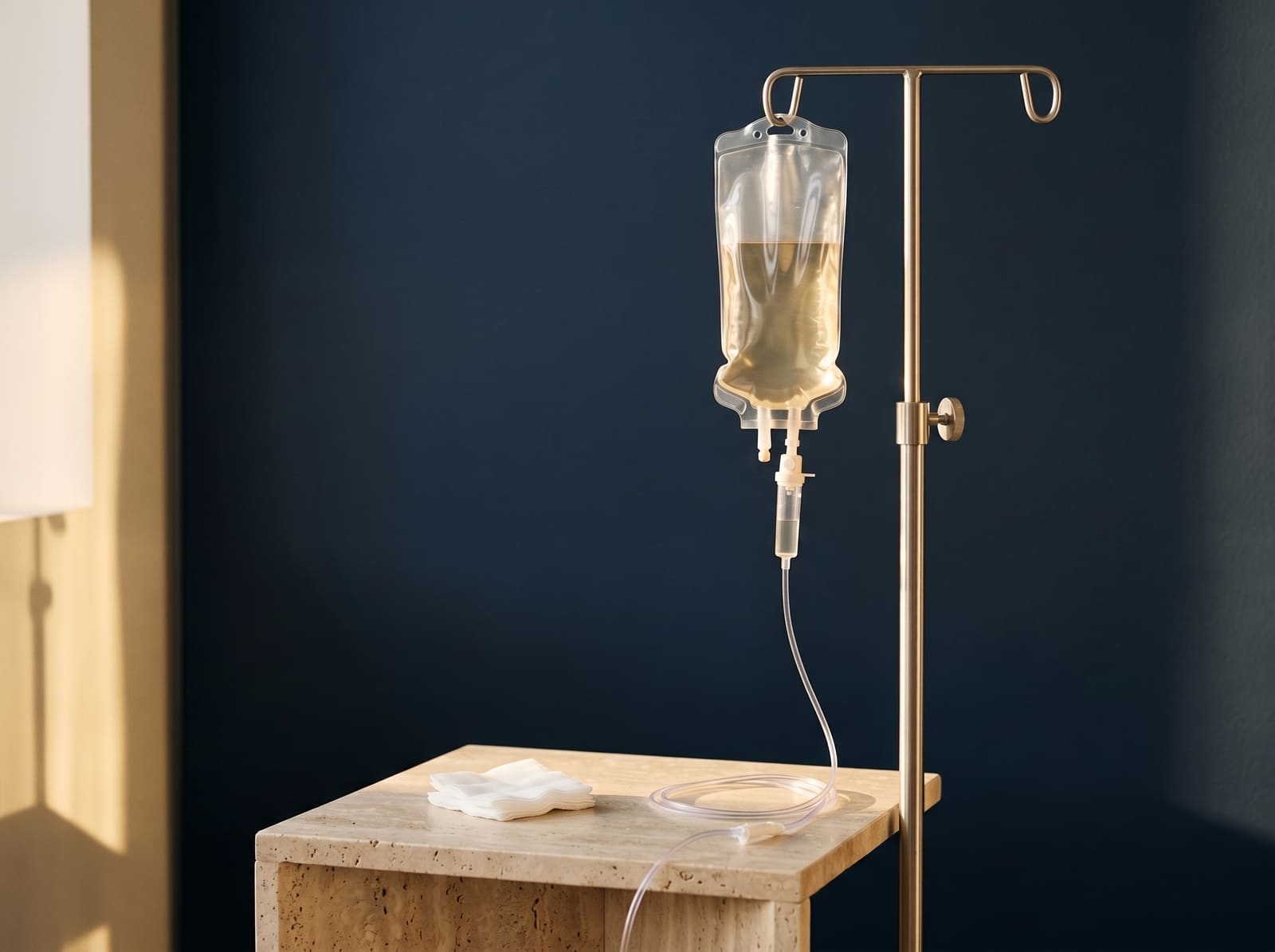 A clear unlabelled IV bag of pale liquid hanging from a brushed steel stand, its line running down to a travertine side table with folded gauze, against a deep navy wall.