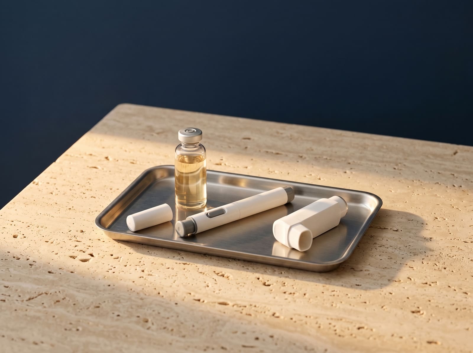 A stainless steel tray on travertine holding a small unlabelled vial of pale liquid, a plain white auto-injector pen with its cap and a white handheld inhaler, against a deep navy wall.