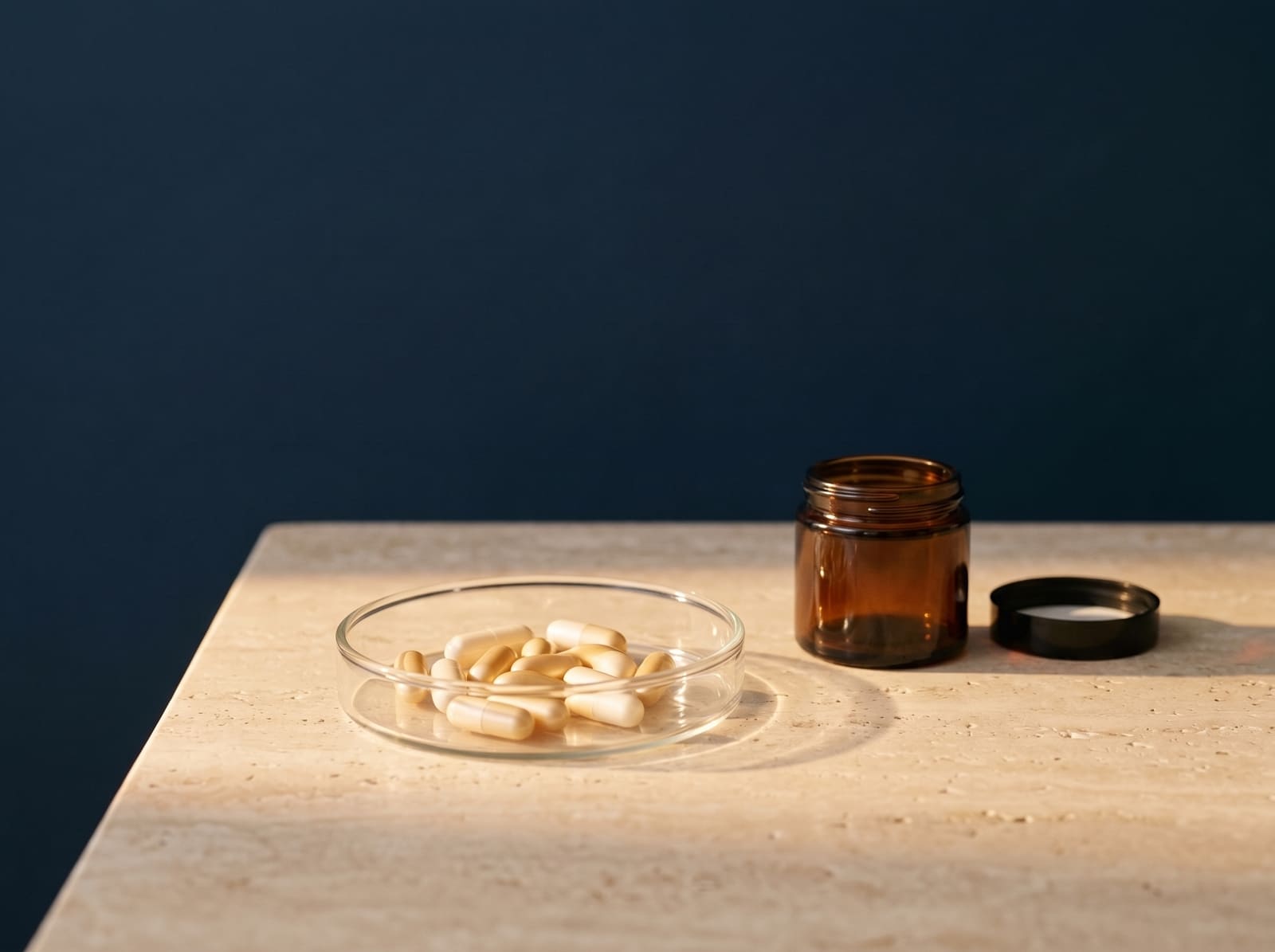 Cream and pale gold capsules in a shallow glass dish beside an unlabelled amber glass jar and its lid, on travertine against a deep navy wall.