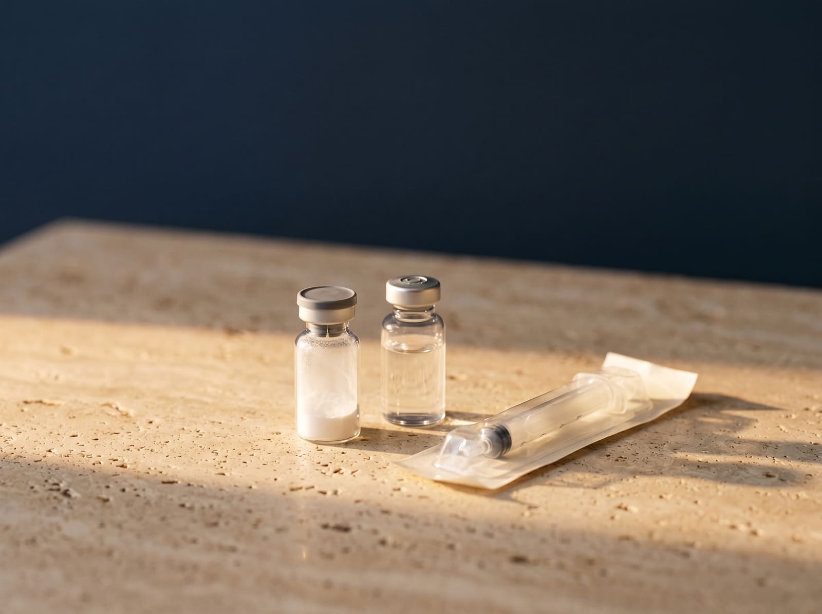 A small unlabelled vial of white freeze-dried powder beside a vial of clear diluent and a sealed sterile syringe, on travertine against a deep navy wall.