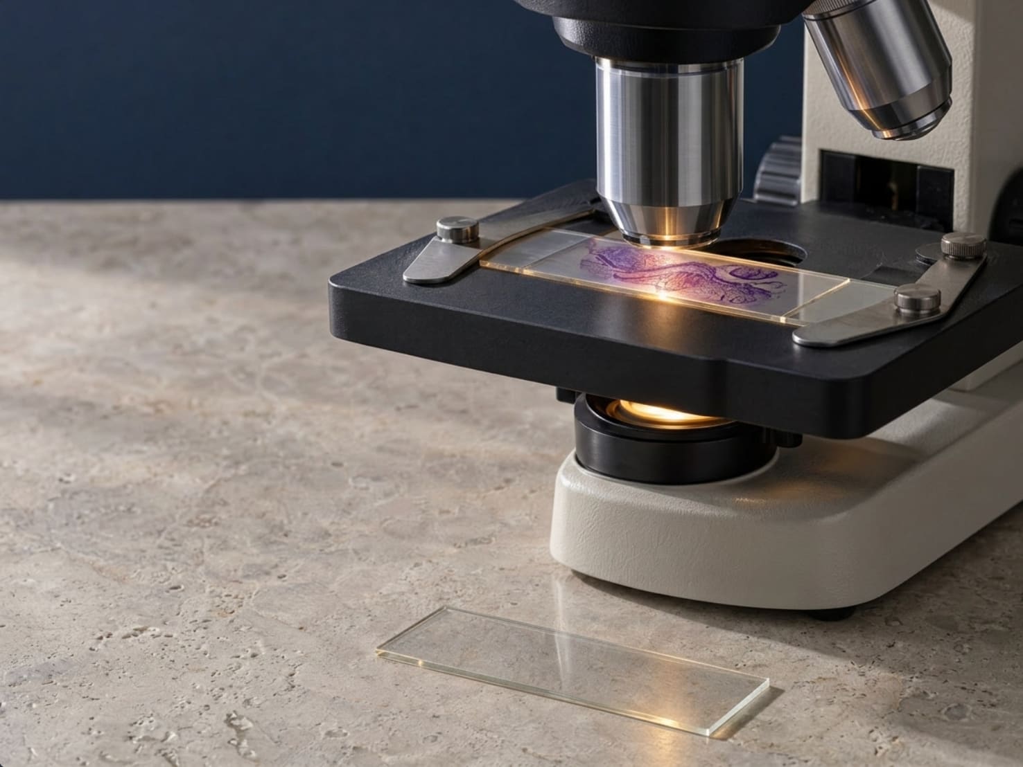 A light microscope on a honed travertine surface, its objective lit above a glass slide with a purple-stained tissue section; a blank glass slide lies beside it.