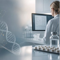 Scientist at a microscope in a laboratory