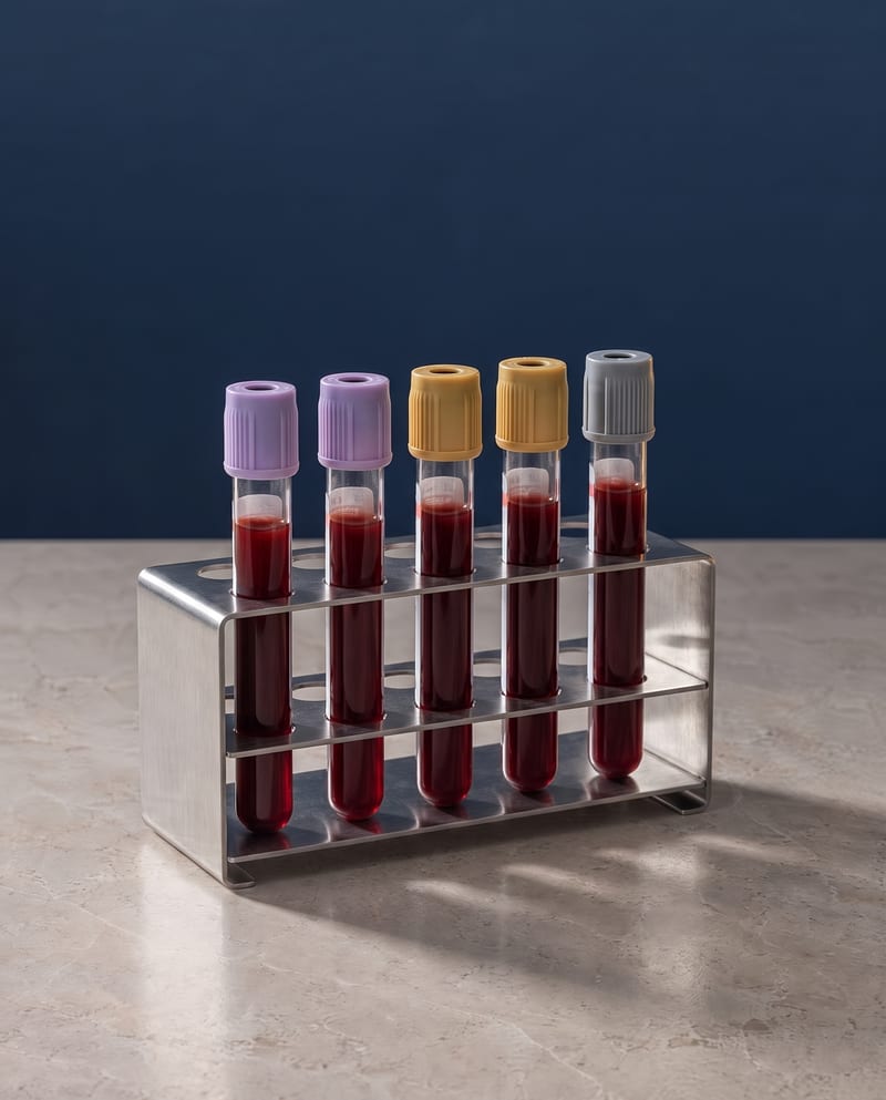 Blood collection tubes filled with blood in a brushed steel rack.
