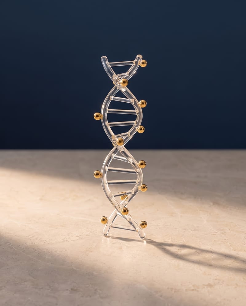 A glass DNA double helix with small gold beads along the strands, like methyl tags.