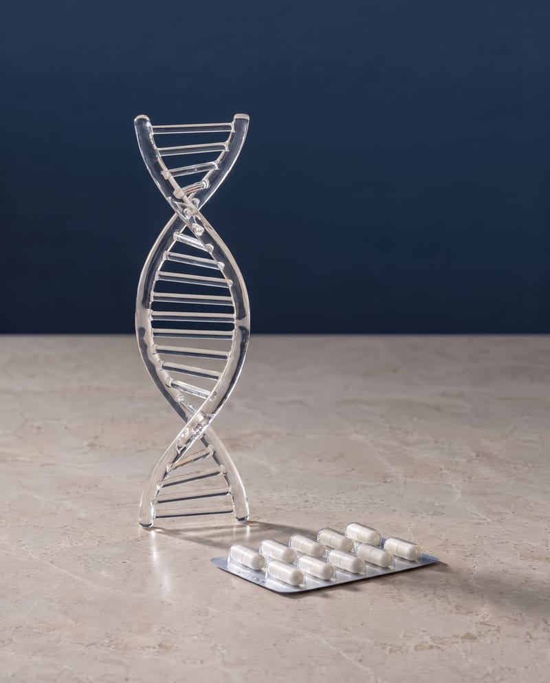 A clear glass DNA double helix beside a blister pack of white capsules on pale stone.