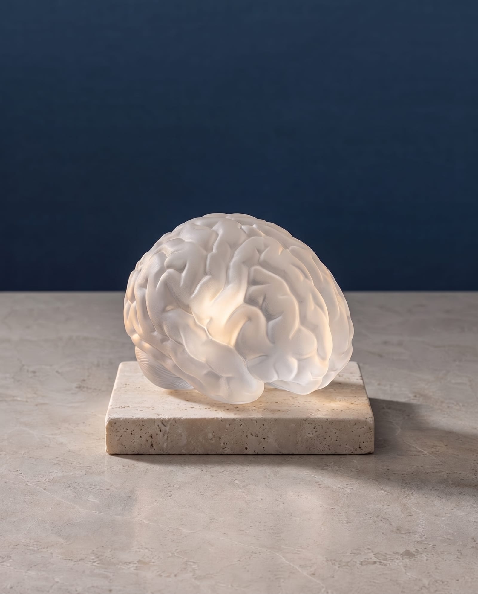 A translucent frosted glass sculpture of a human brain on a travertine block.
