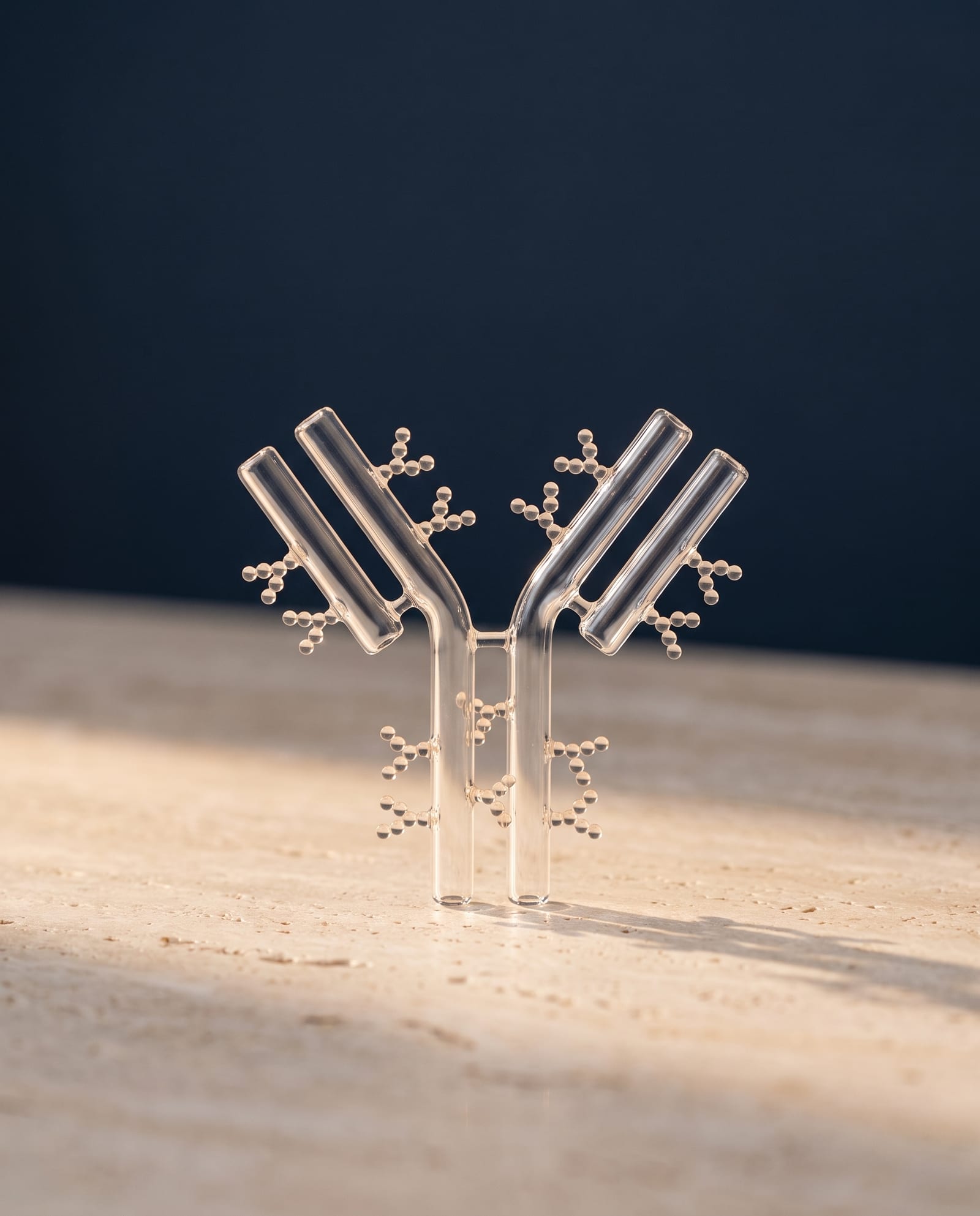 A glass sculpture of a Y-shaped antibody with small glass beads branching from it.