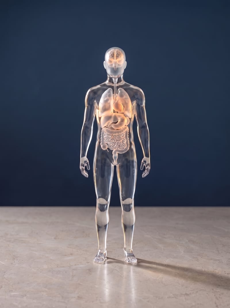 A translucent glass sculpture of a human figure with softly glowing organs.