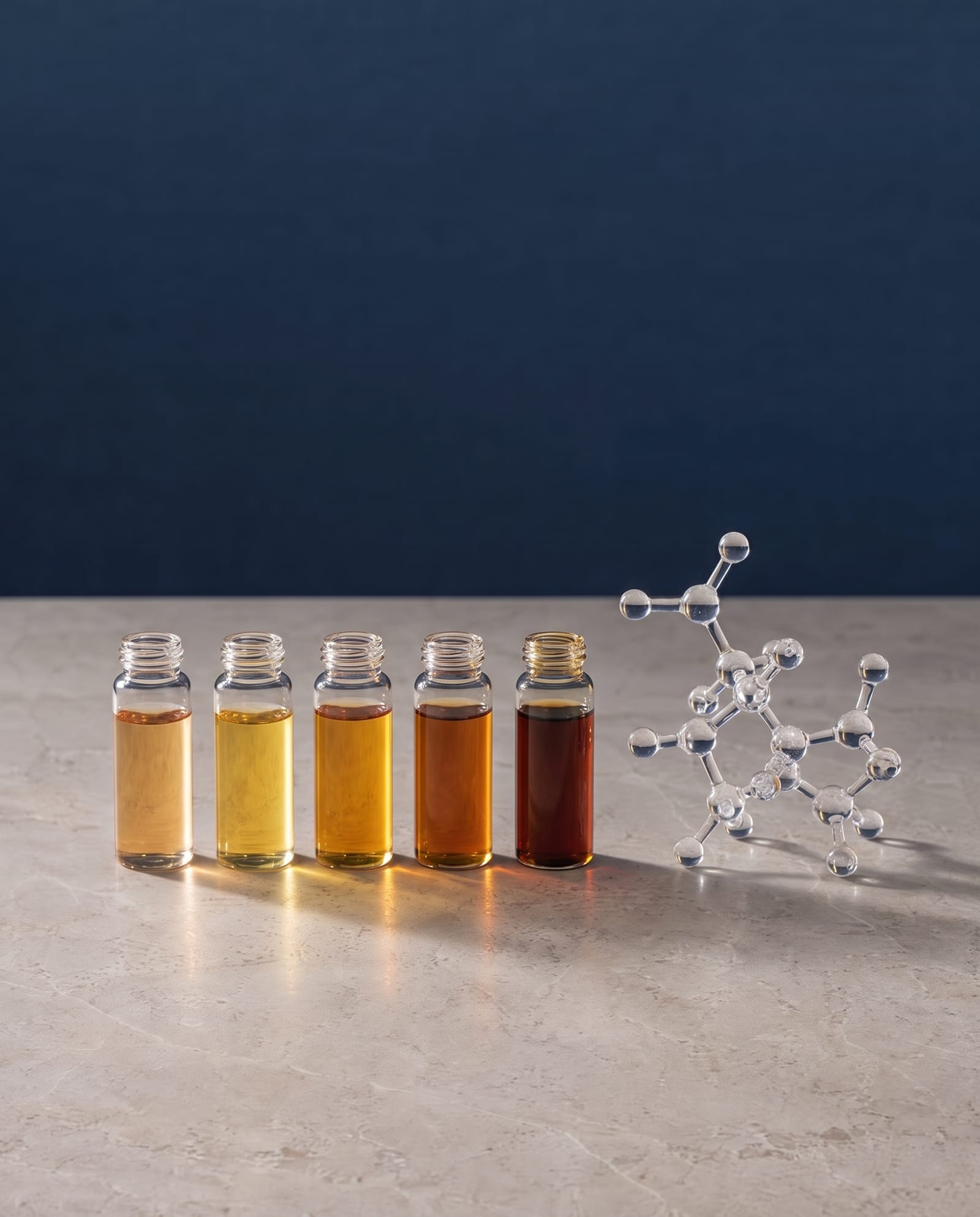 Glass vials of amber and golden liquid beside a glass molecular model.