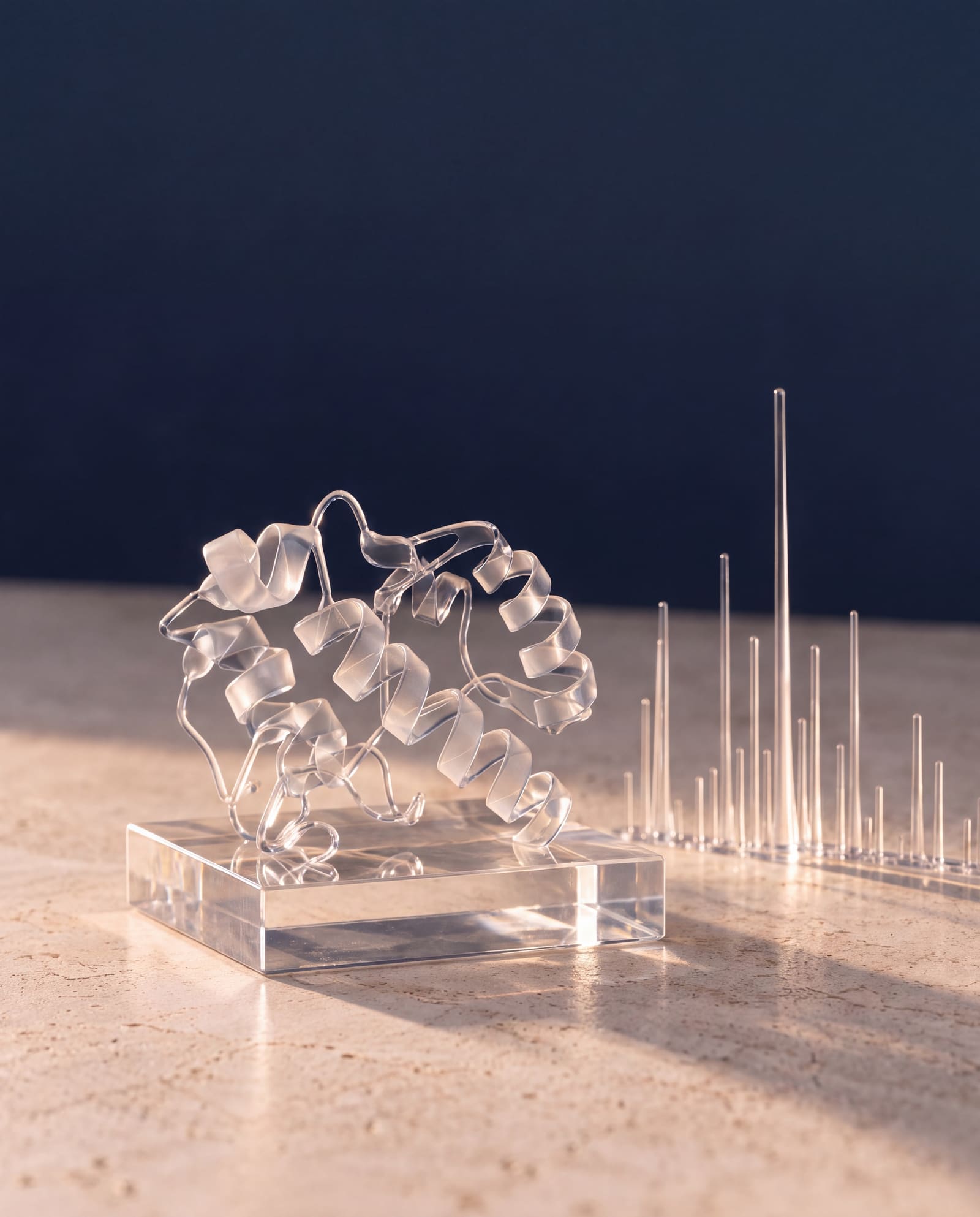 A clear glass protein ribbon sculpture beside a row of thin glass peaks like a mass spectrum.