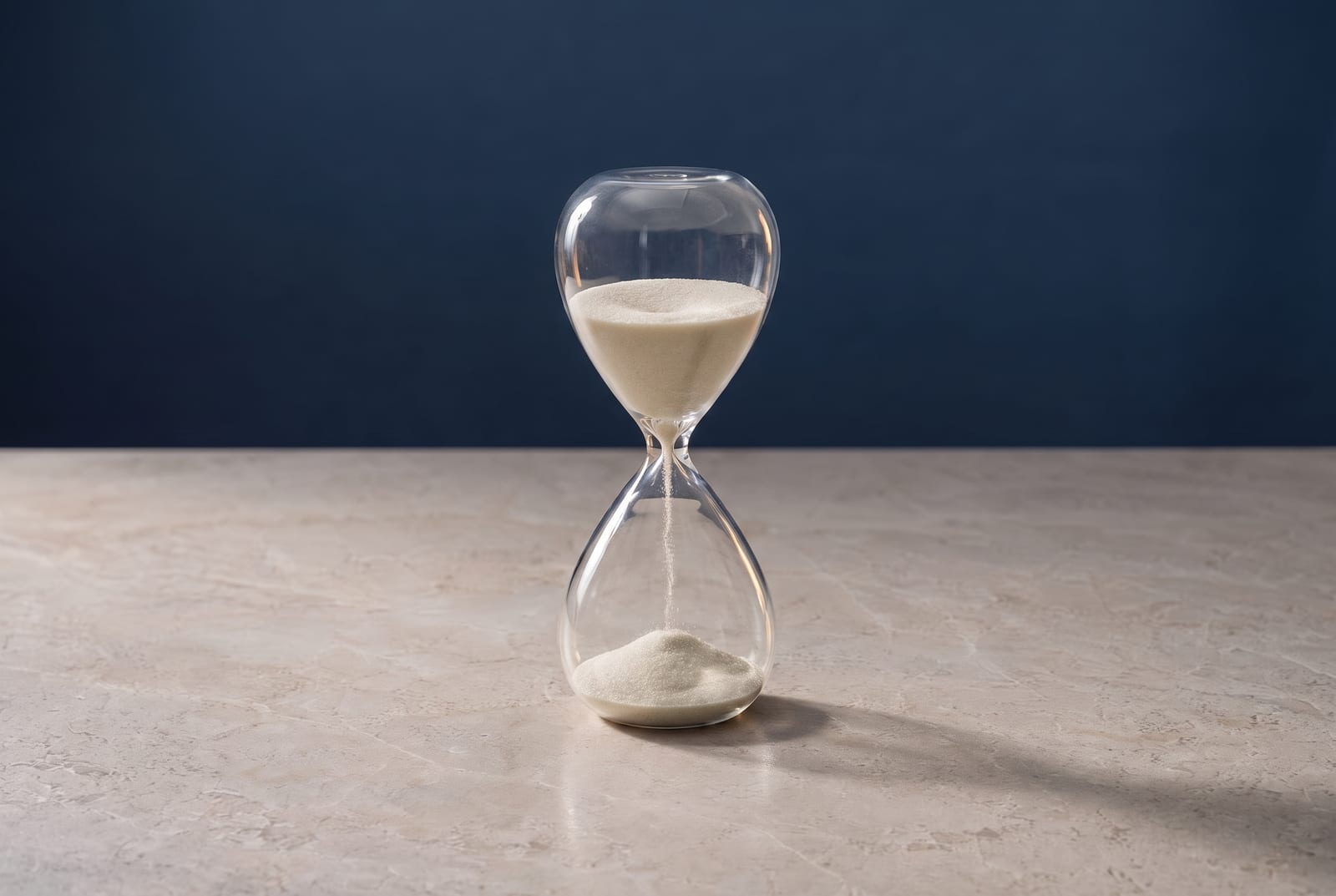 A slender glass hourglass with pale sand running through it.
