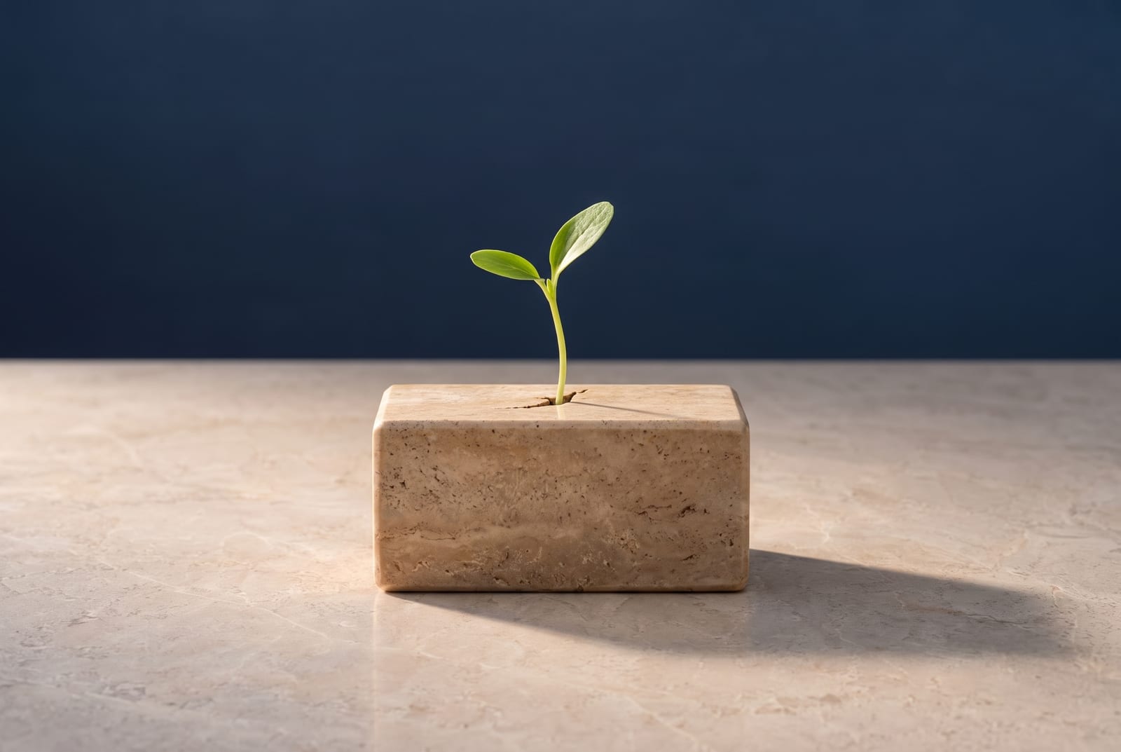 A travertine block with one small green seedling growing from it.