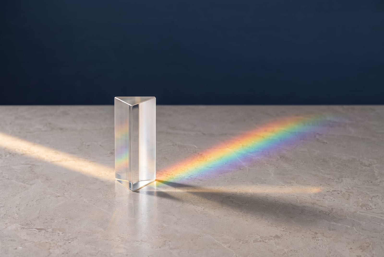 A glass prism splitting a beam of warm light into a soft spectrum.