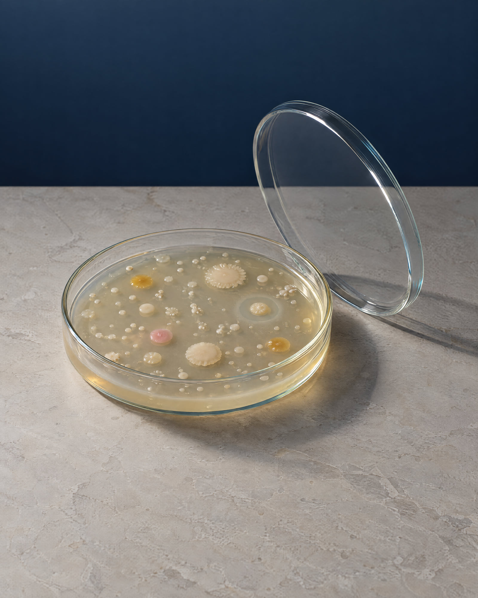 An open petri dish with cultured colonies on pale stone.