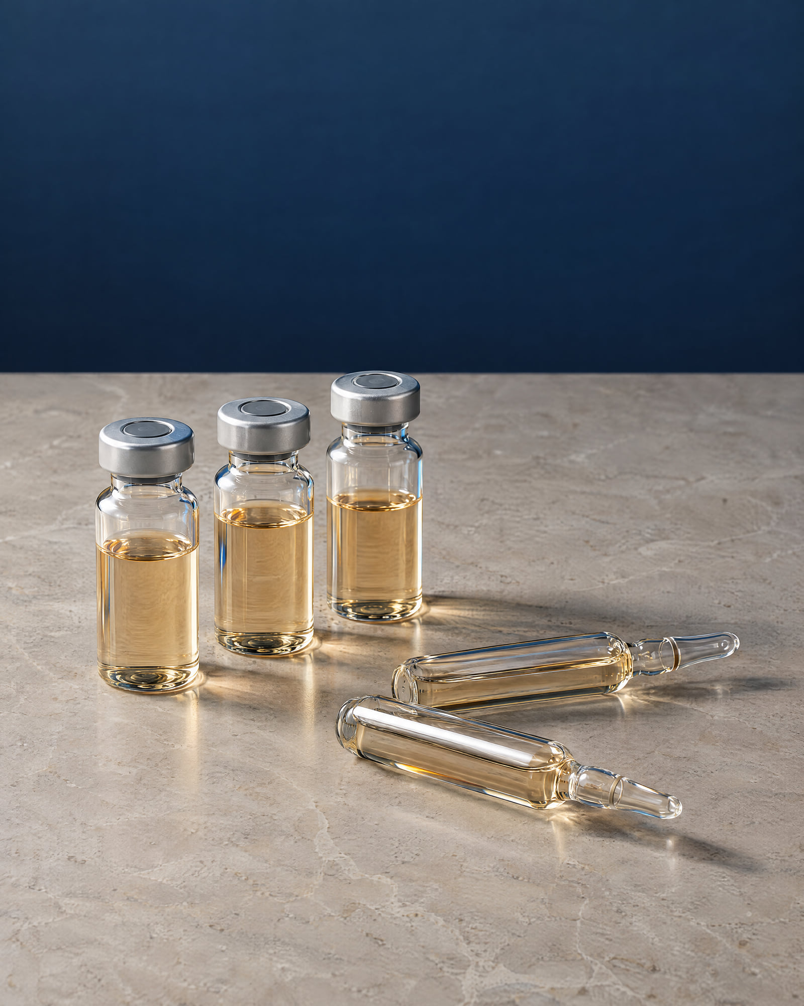 Three blank vials with aluminium crimp caps and two glass ampoules lying beside them on pale stone.