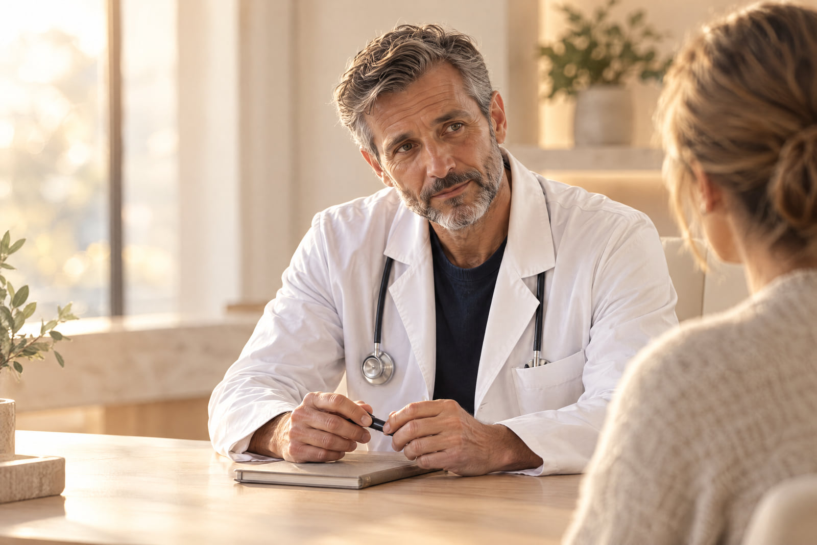 A physician in his fifties in a white coat with a stethoscope listens attentively to a patient across a pale oak desk in a bright, sunlit consultation room.