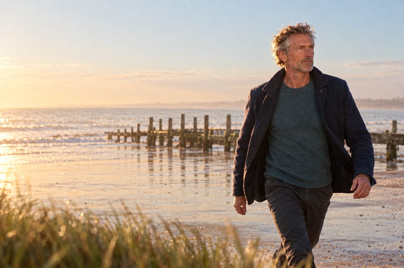 A man in his sixties walks along a Nordic coastline on an overcast day, caught mid-stride.