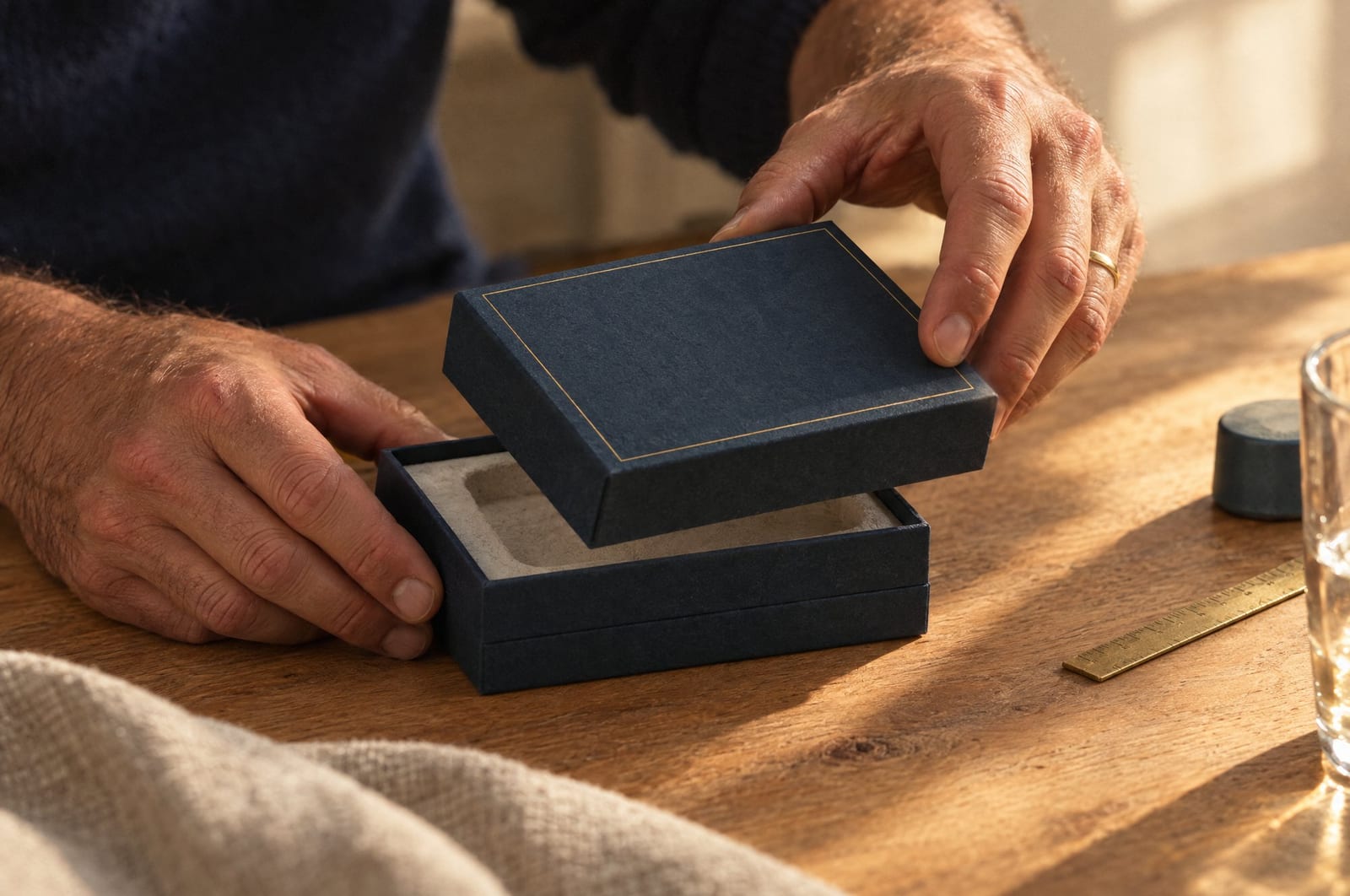 Two hands hold a sample collection device above a linen-covered oak table in side light.